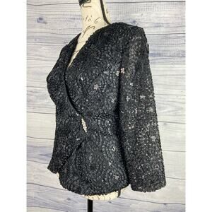 Vintage Helene Blake Sequin Wrap Evening Blouse Women 6 Lace Sleeve V Neck Black